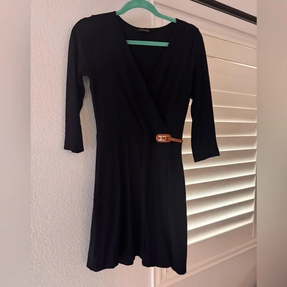 Elegant Navy Blue Dress with Tan Leather Belt Size XS - Picture 5 of 5